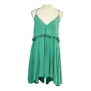 Loveriche size L NWT aqua green tank dress w/spaghetti straps and Pom-Pom trim
